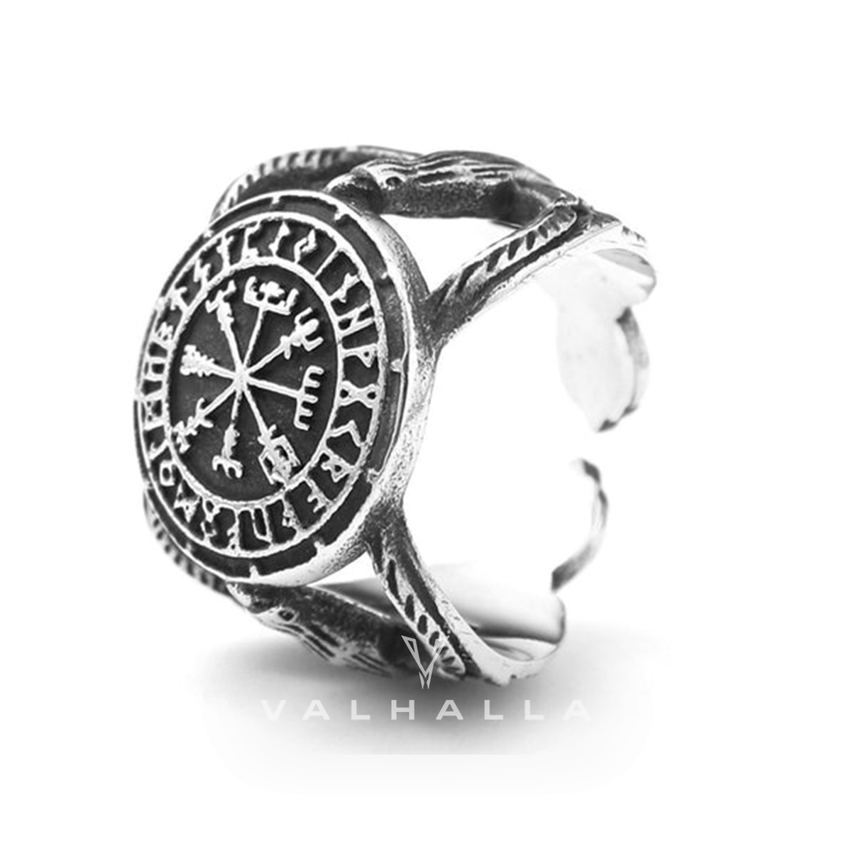 Vegvisir Raven Runes Stainless Steel Viking Ring – Valhalla Fallen