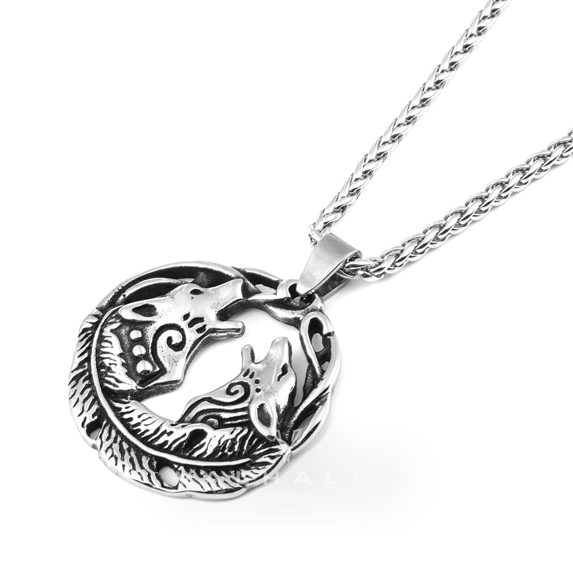 Double Howling Wolf Stainless Steel Animal Pendant & Chain