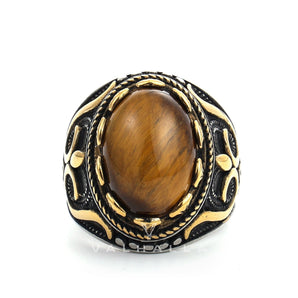 Vintage Pattern Turquoise Tiger-Eye Stainless Steel Ring