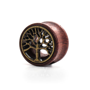 Wooden Tree of Life Brass Ear Gauges Stainless Steel