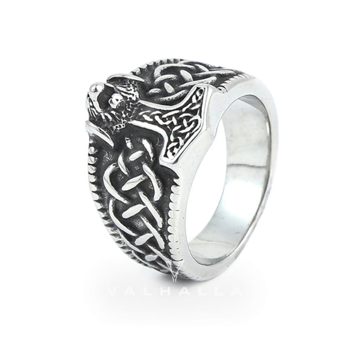 Handcrafted Stainless Steel Thor's Hammer and Celtic Knotwork Ring