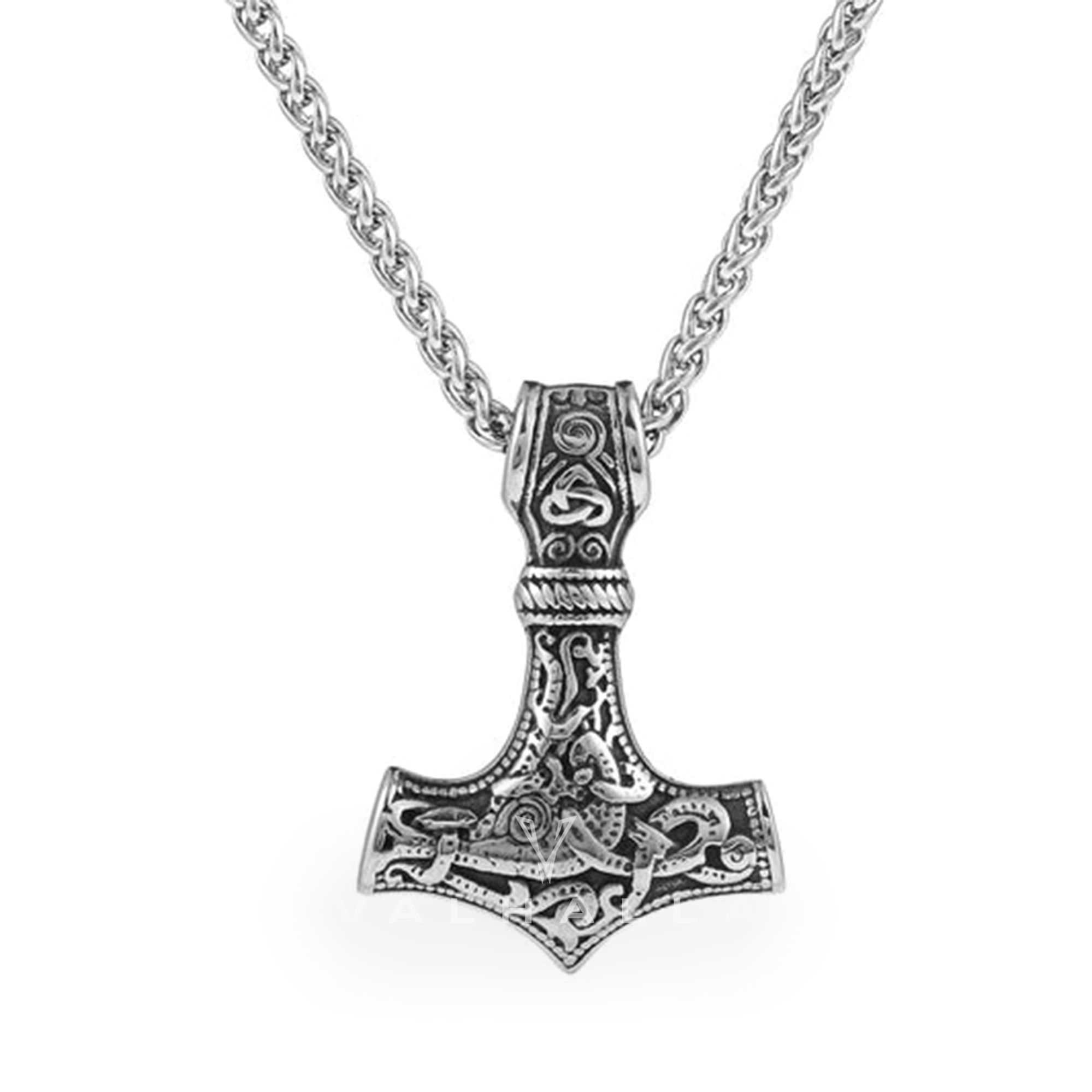 Handcrafted Stainless Steel 'Knotwork' Mjolnir on Handcrafted Stainless Steel Link Chain