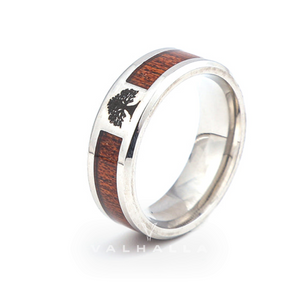 Handcrafted Stainless Steel Tree of Life / Yggdrasil and Wood Inlay Wedding Band