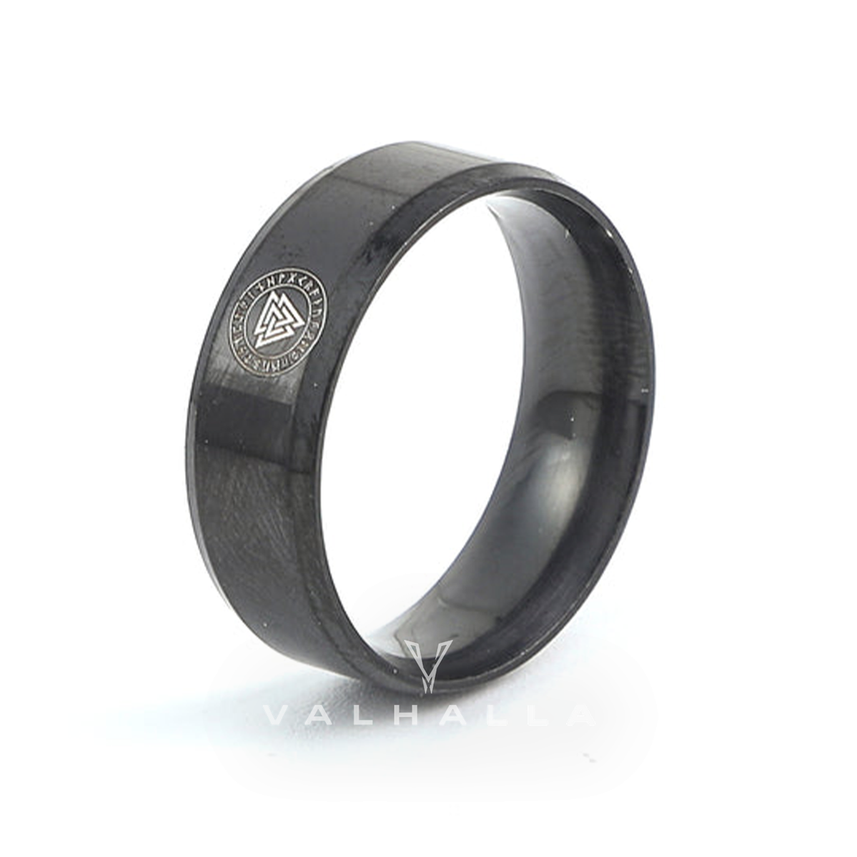 Black Handcrafted Stainless Steel Valknut and Rune Ring