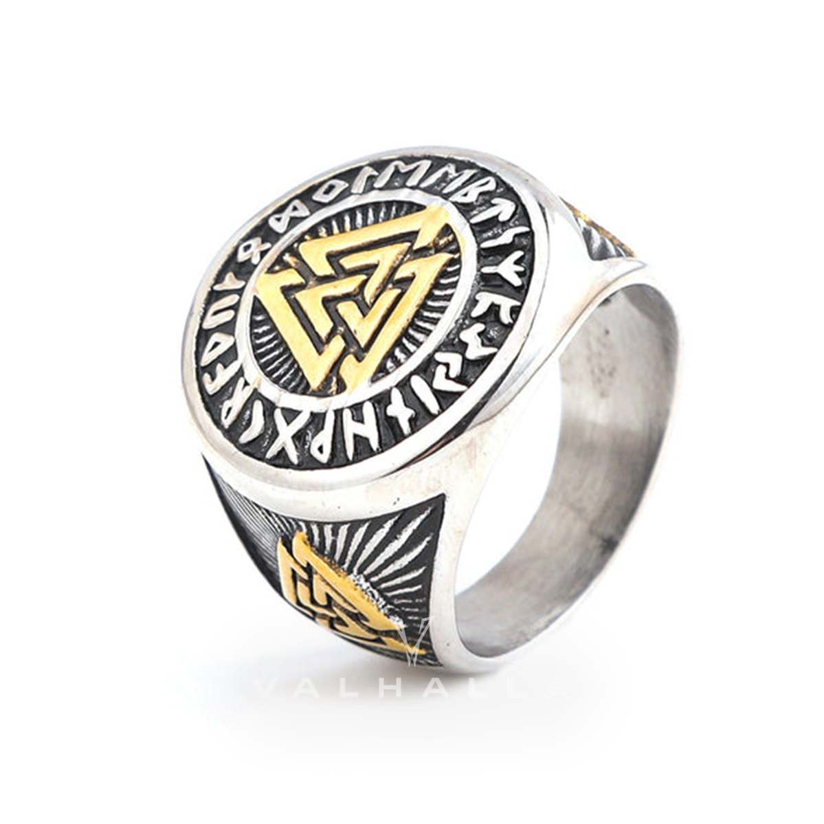 Handcrafted Stainless Steel Dual Color Valknut and Runes Ring