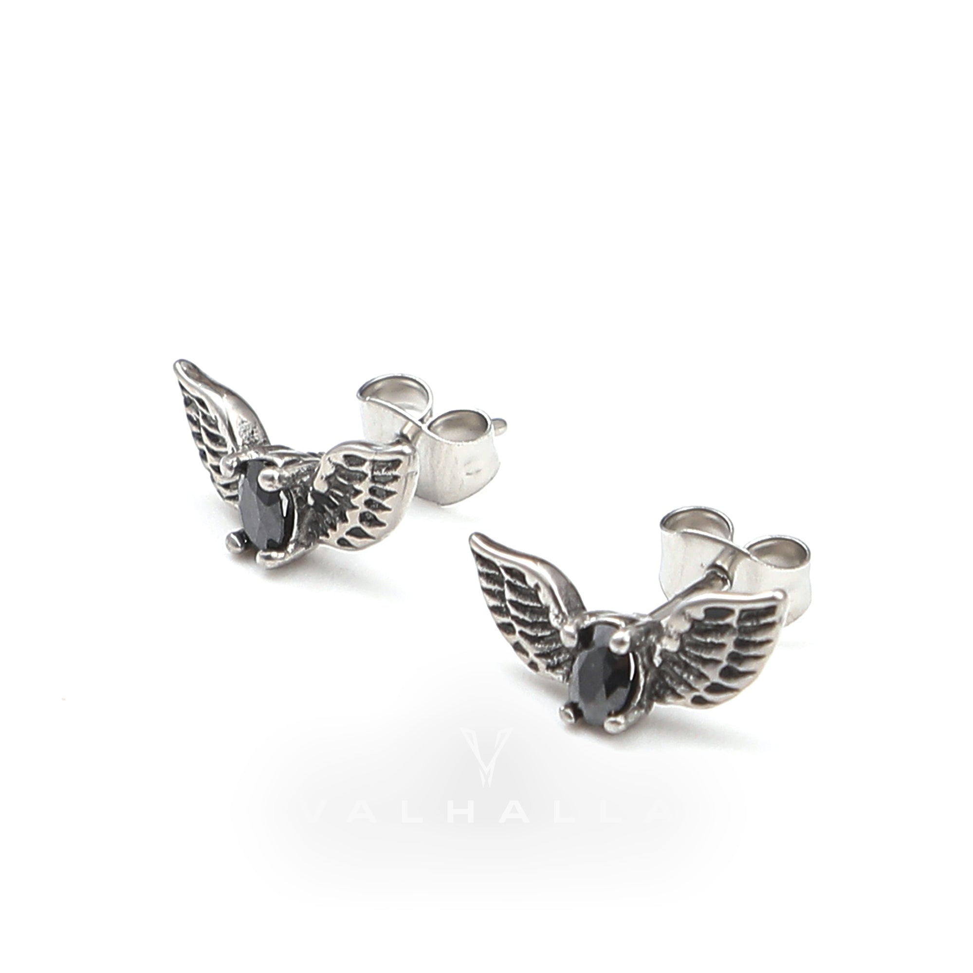 Freedom Wings Black Stone Stainless Steel Stud Earrings