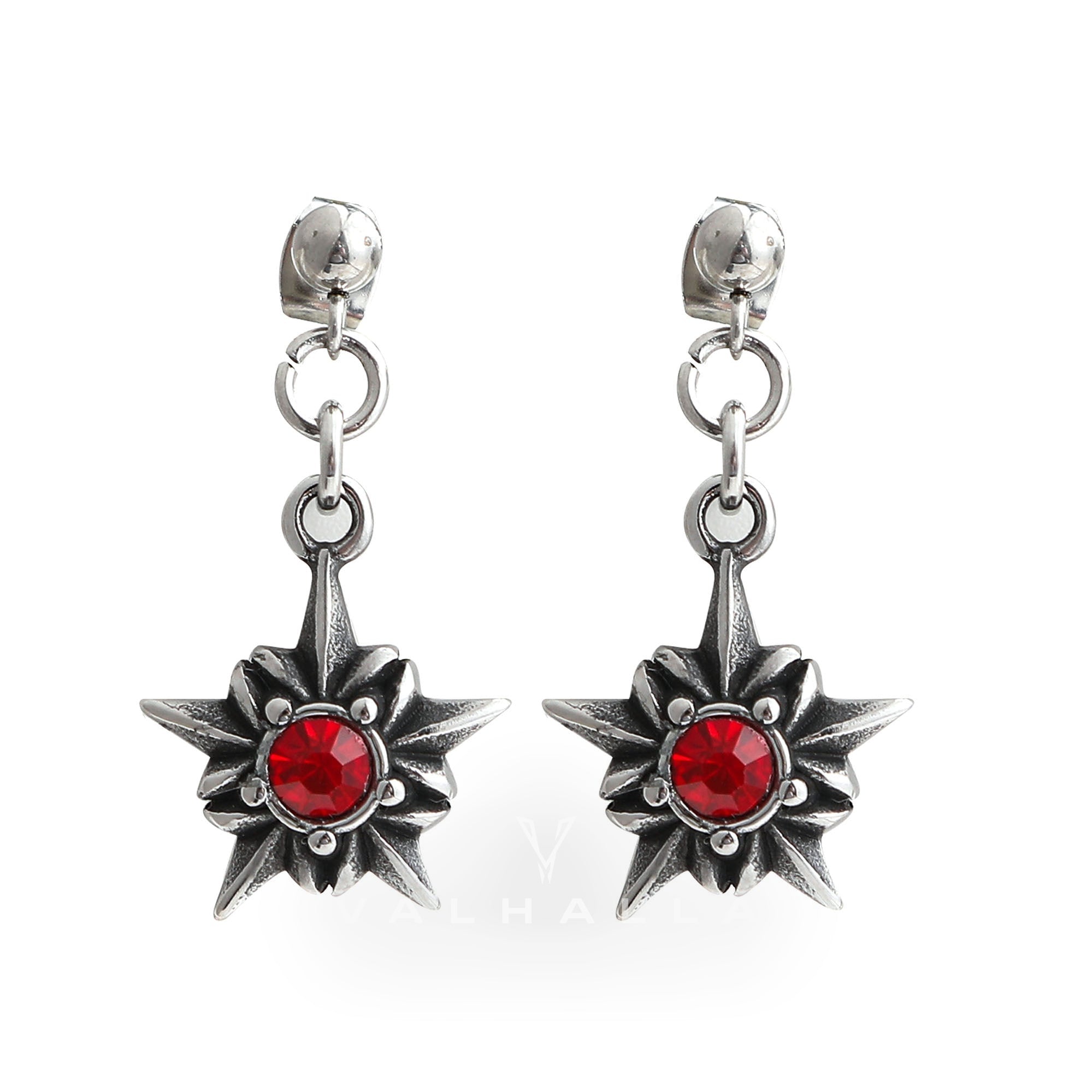 Pentagram Red Gemstone Stainless Steel Stud Earrings