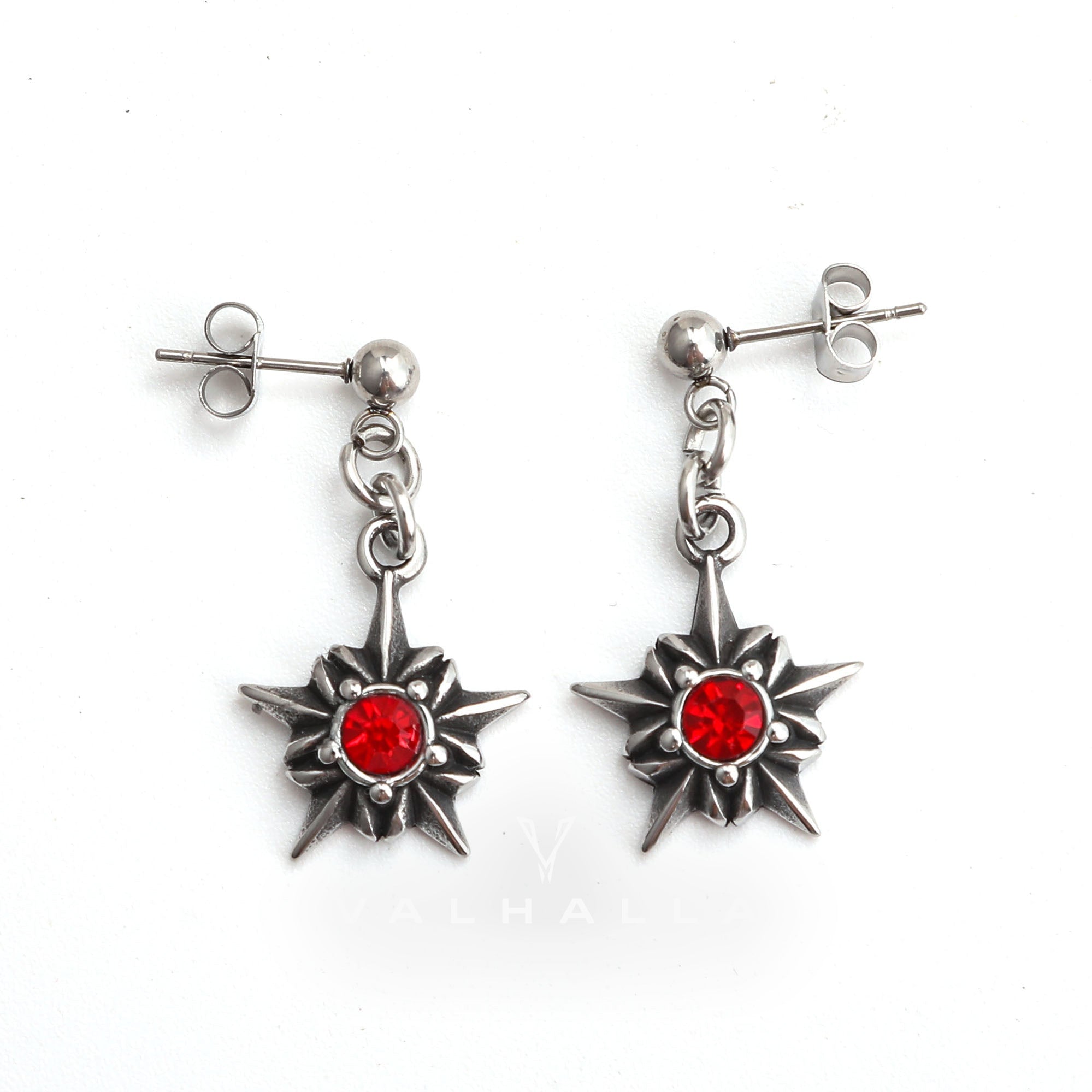 Pentagram Red Gemstone Stainless Steel Stud Earrings