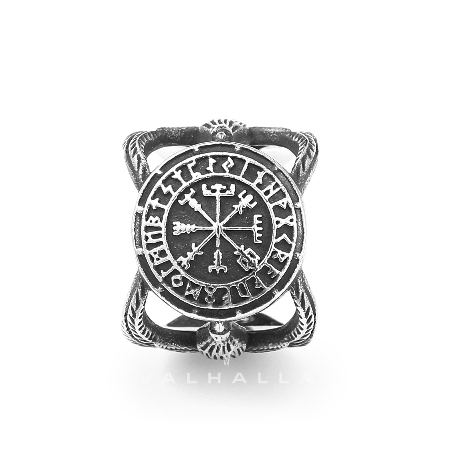 Vegvisir Raven Runes Stainless Steel Viking Ring – Valhalla Fallen