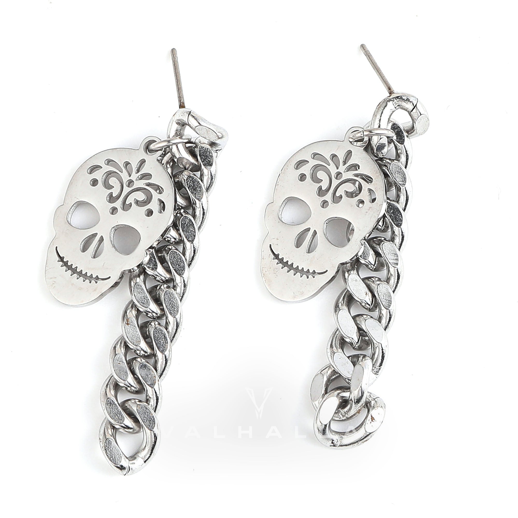 Sugar Skull Chunky Chain Link Stainless Steel Earrings