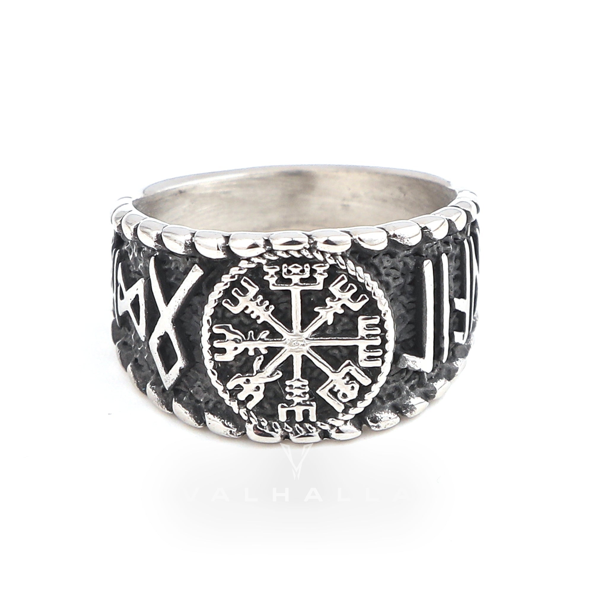 Handcrafted Stainless Steel Vegvisir and Runes Ring