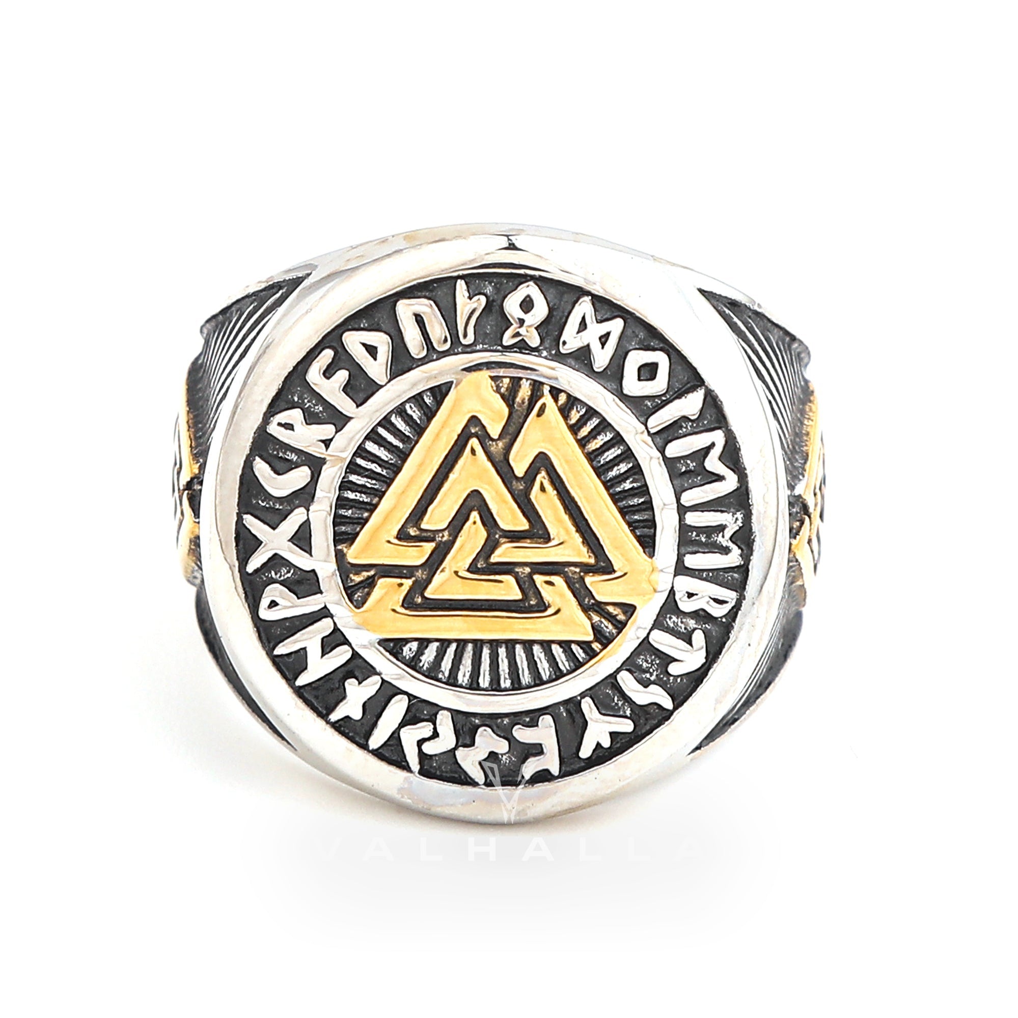 Handcrafted Stainless Steel Dual Color Valknut and Runes Ring