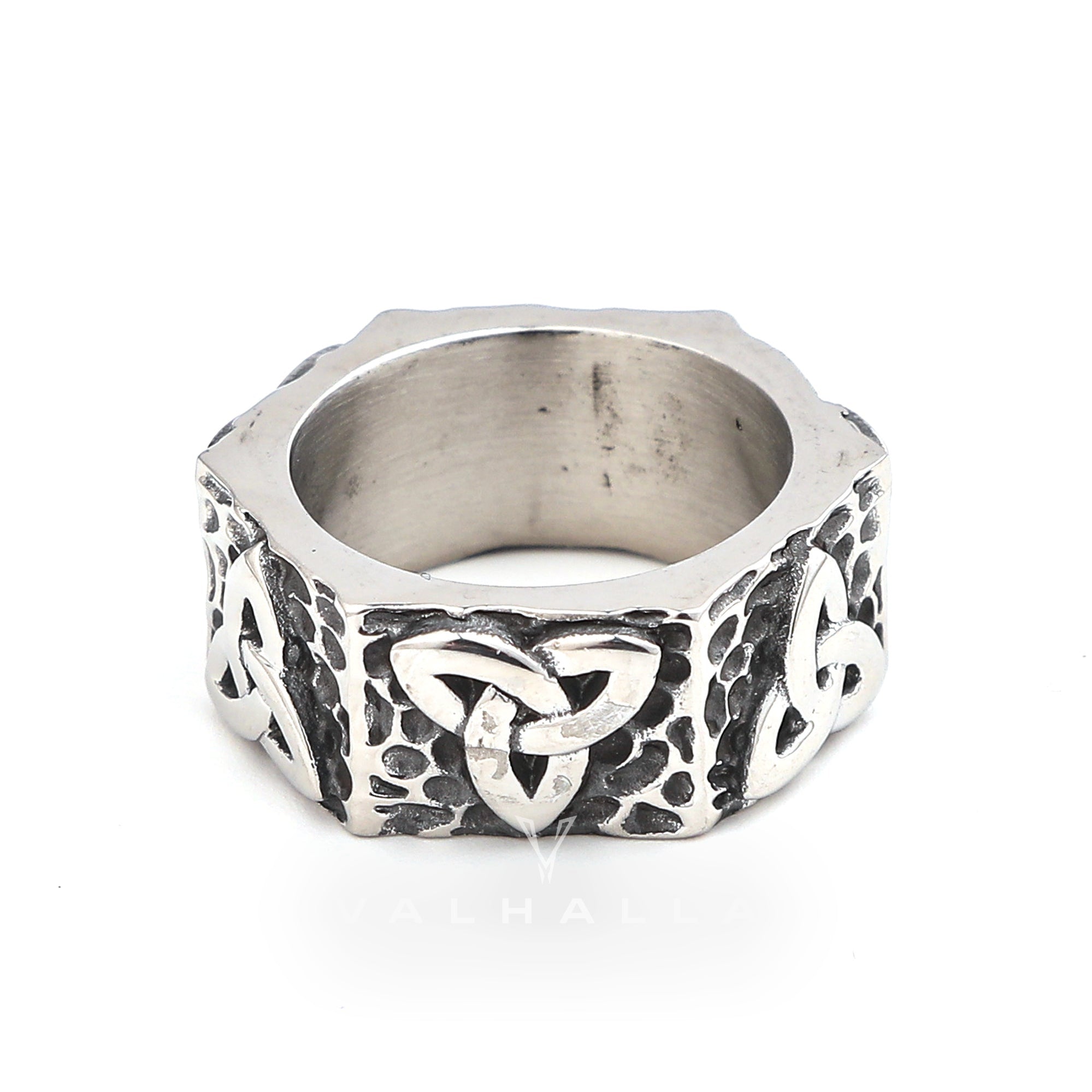Hexagonal Handcrafted Stainless Steel Triquetra Ring