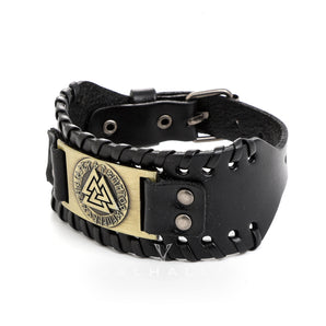 Leather Buckle Arm Cuff With Metal Valknut Design