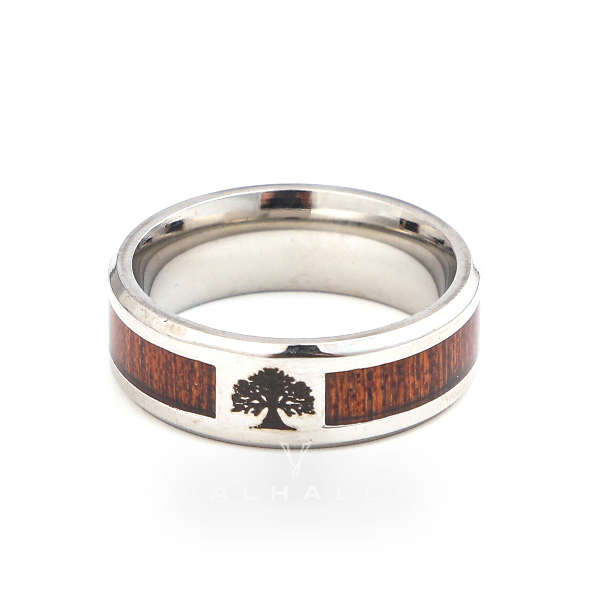 Handcrafted Stainless Steel Tree of Life / Yggdrasil and Wood Inlay Wedding Band