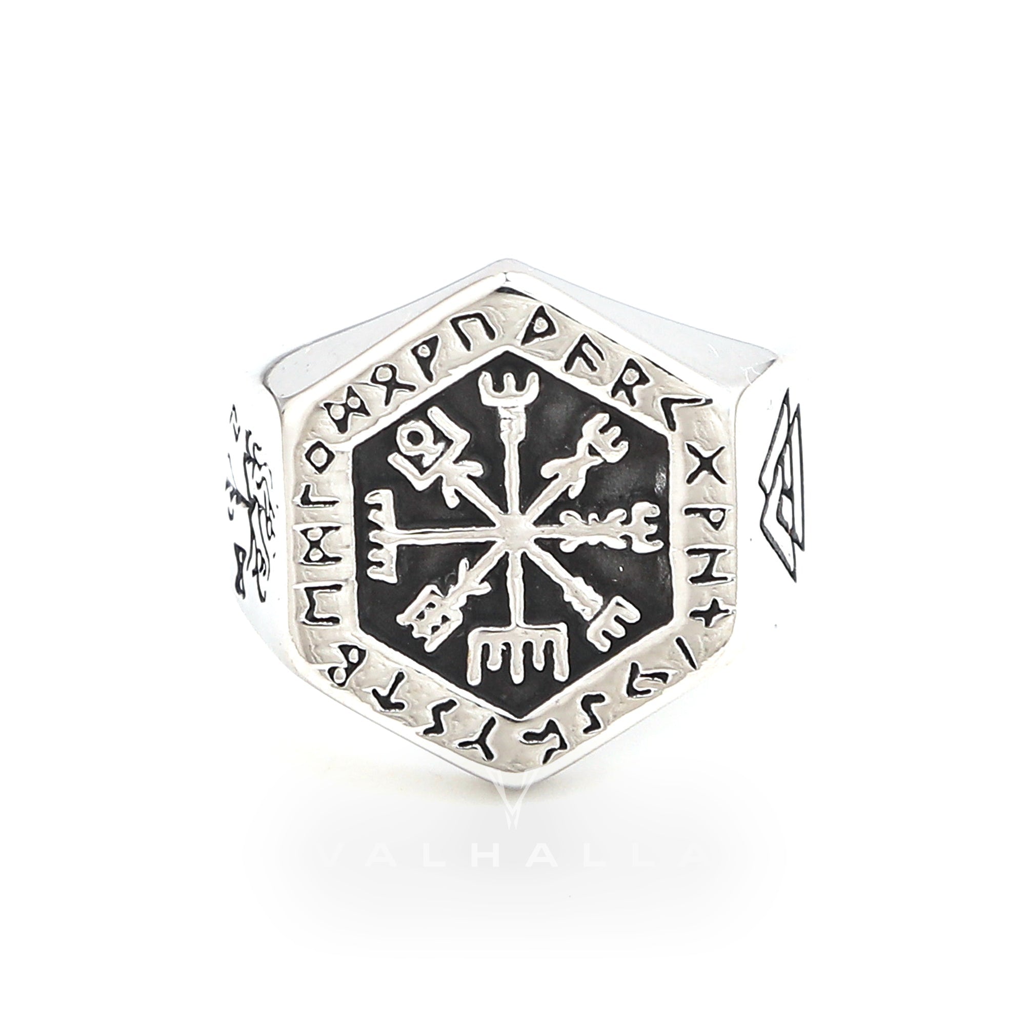 Handcrafted Stainless Steel Hexagonal Vegvisir & Valknut Rune Ring