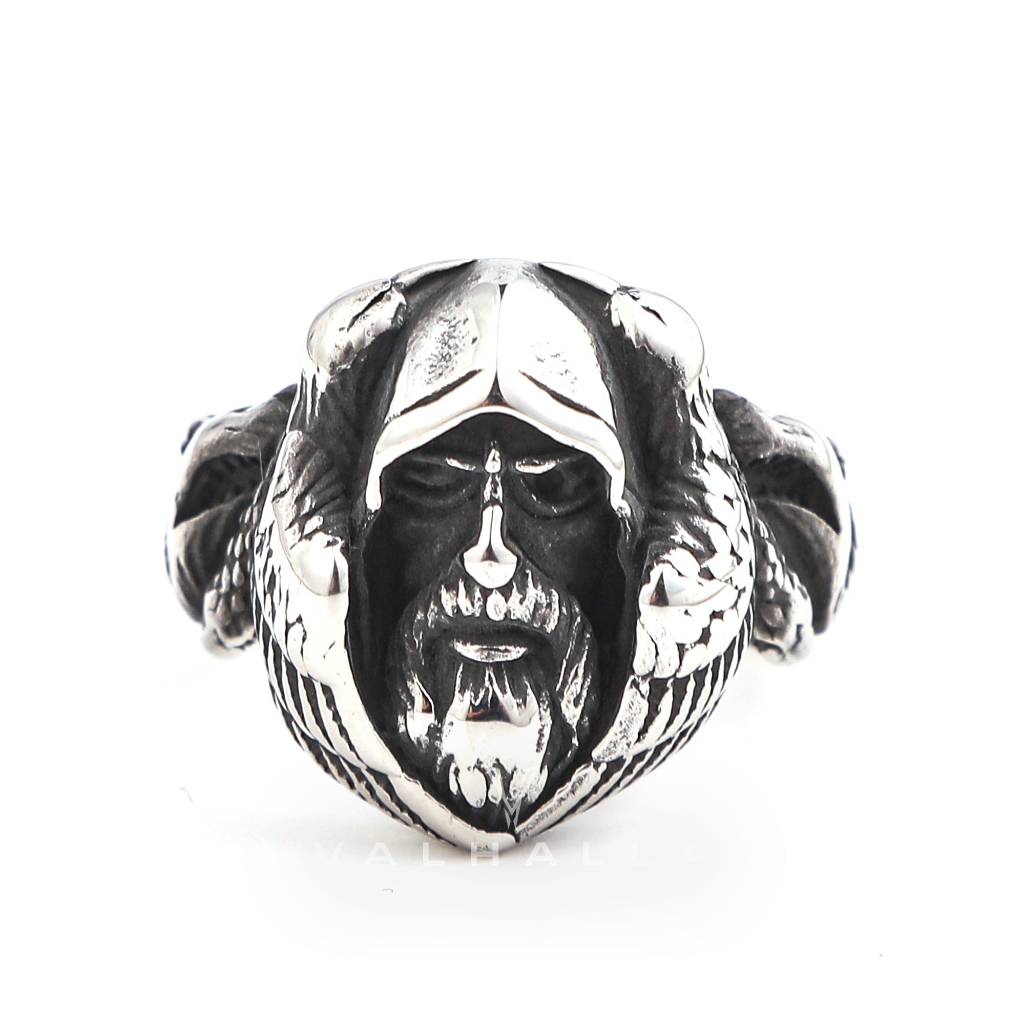 Handcrafted Stainless Steel Viking Odin Ring With Raven and Wolf