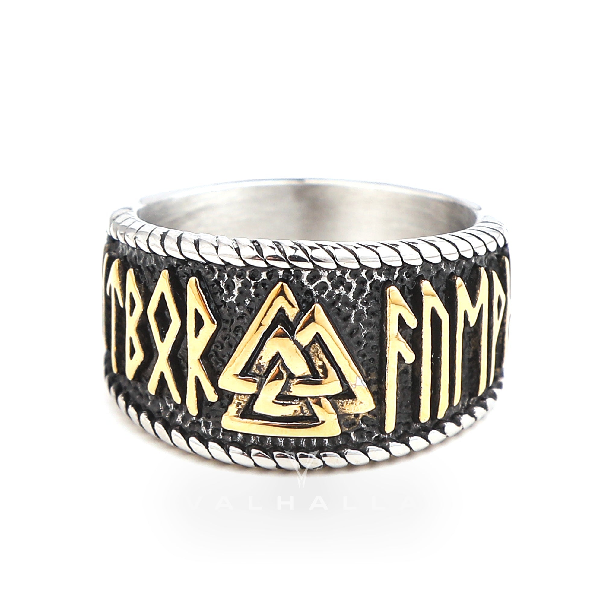 Handcrafted Stainless Steel Dual Color Valknut and Rune Ring