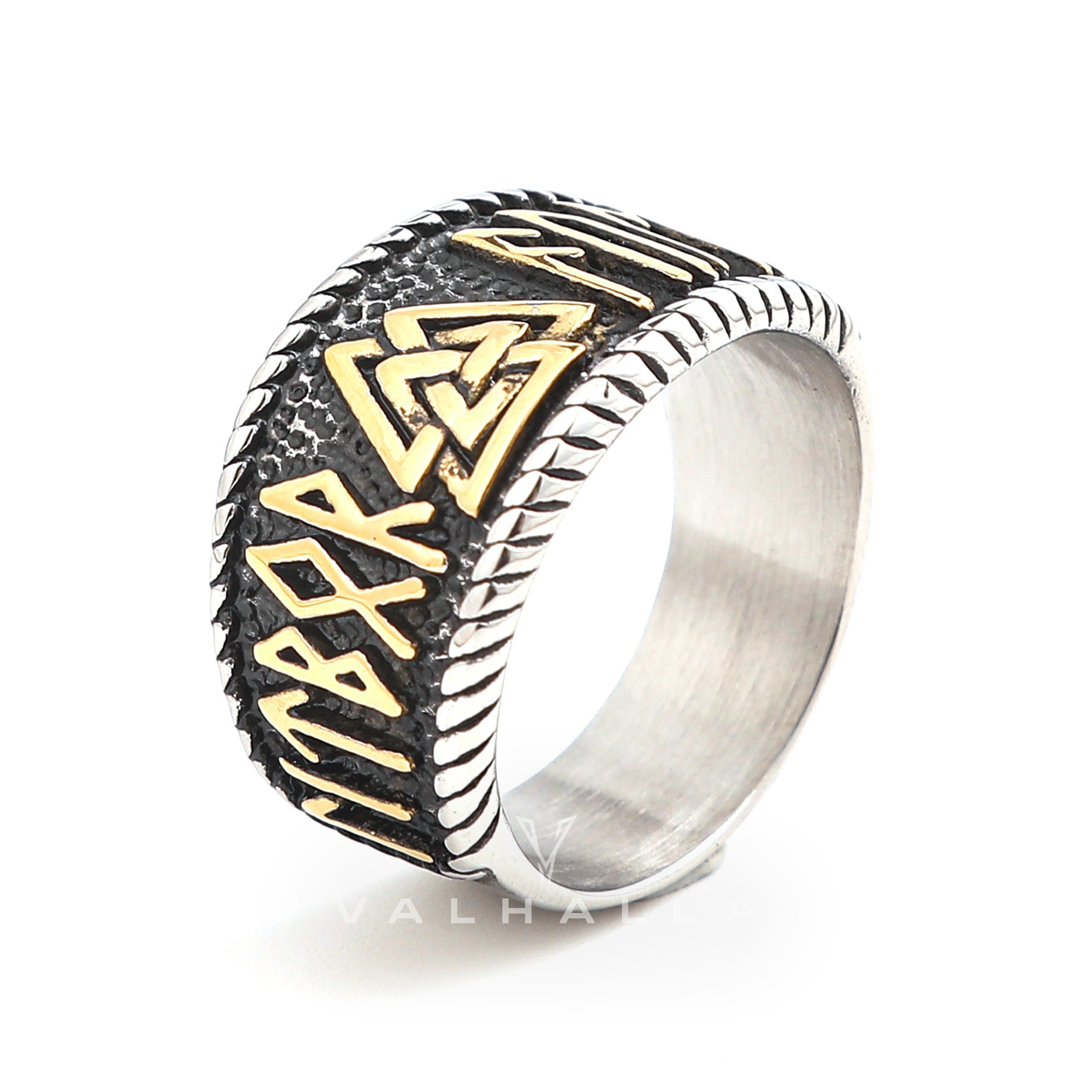 Handcrafted Stainless Steel Dual Color Valknut and Rune Ring
