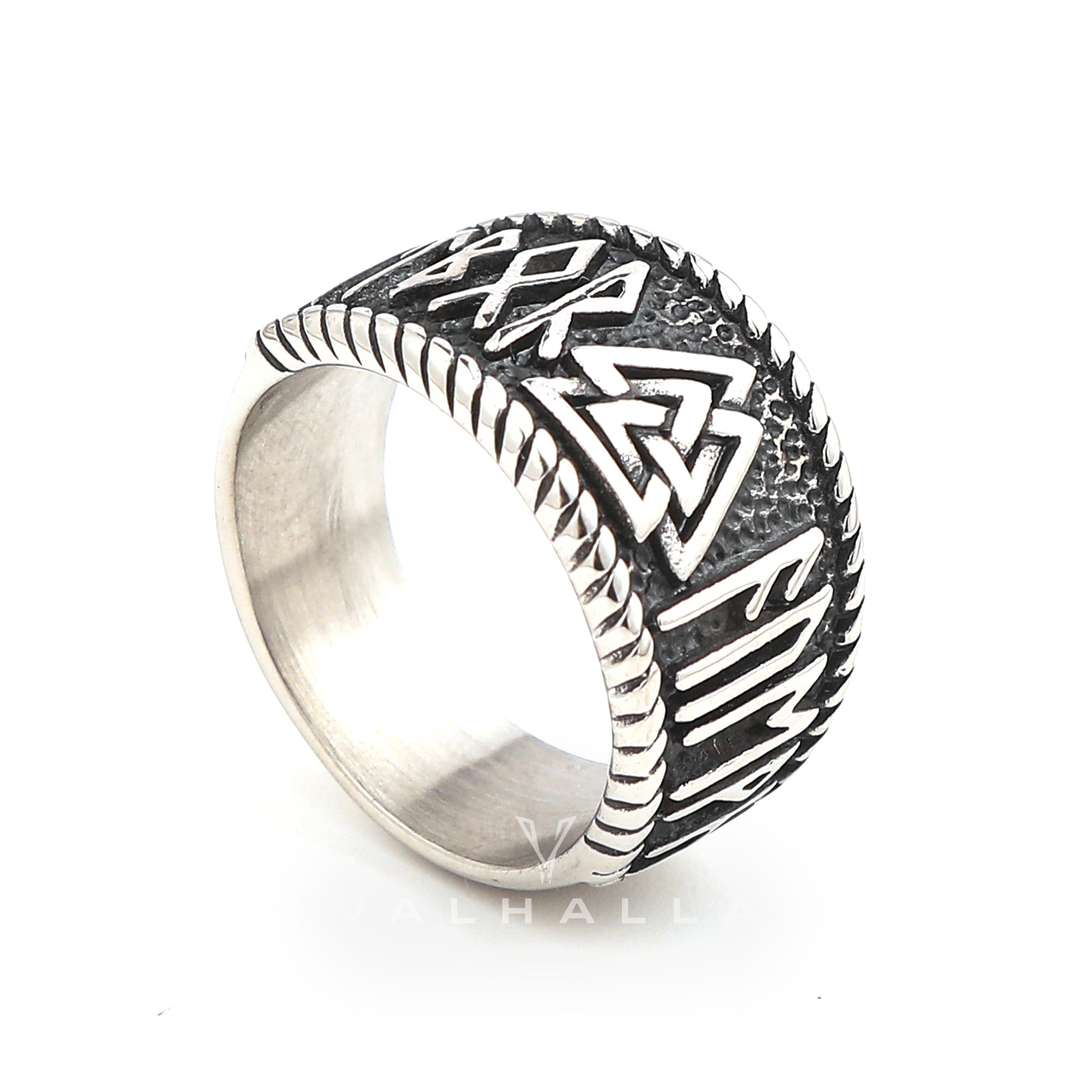 Handcrafted Stainless Steel Valknut and Rune Ring