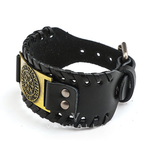 Leather Buckle Arm Cuff With Metal Vegvisir Design