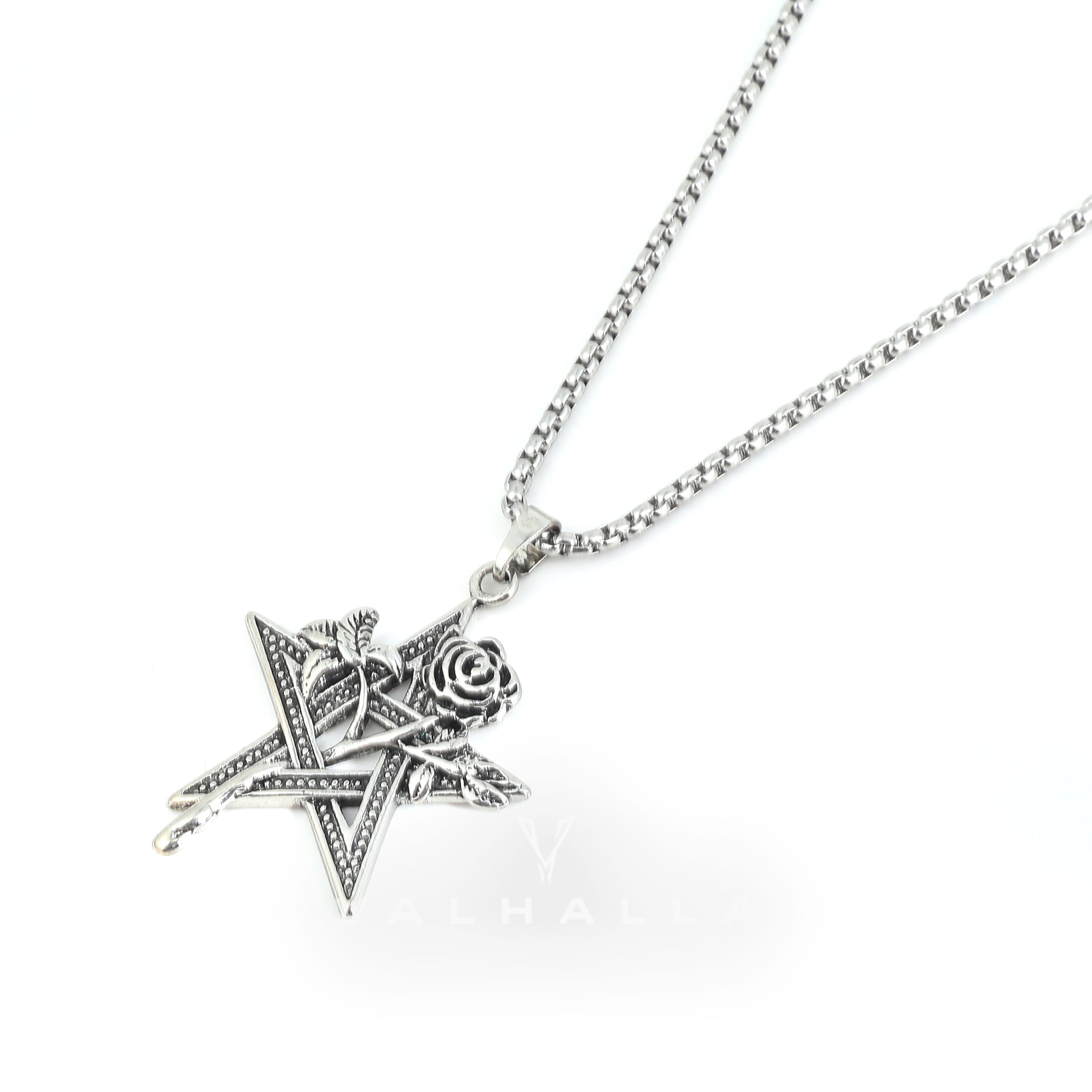 Rose And Pentagram Stainless Steel Pendant & Chain