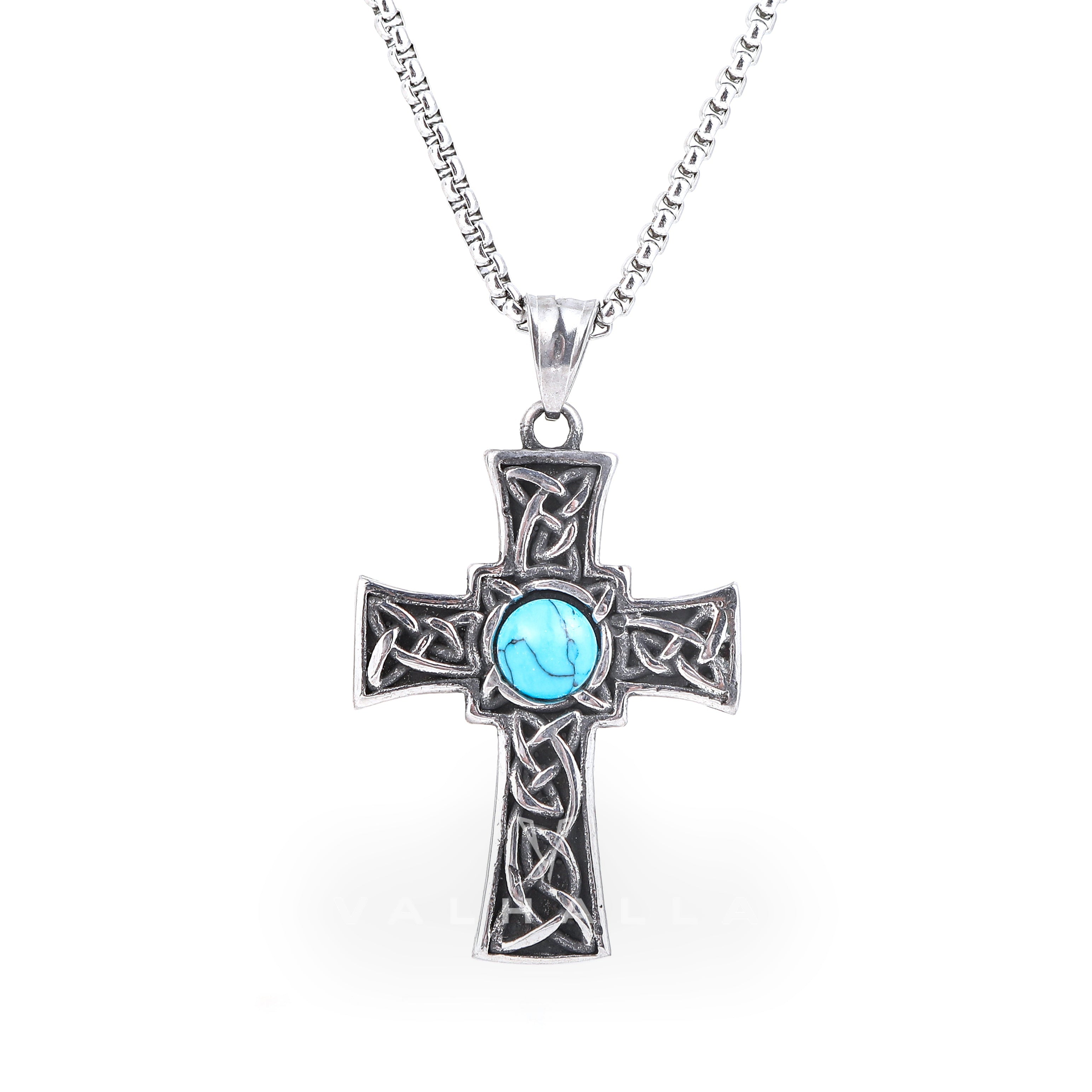 Vintage Celtic Knot Turquoise Stainless Steel Cross Pendant & Chain