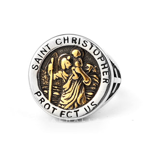 Saint Christopher Protect Us Stainless Steel Cross Ring