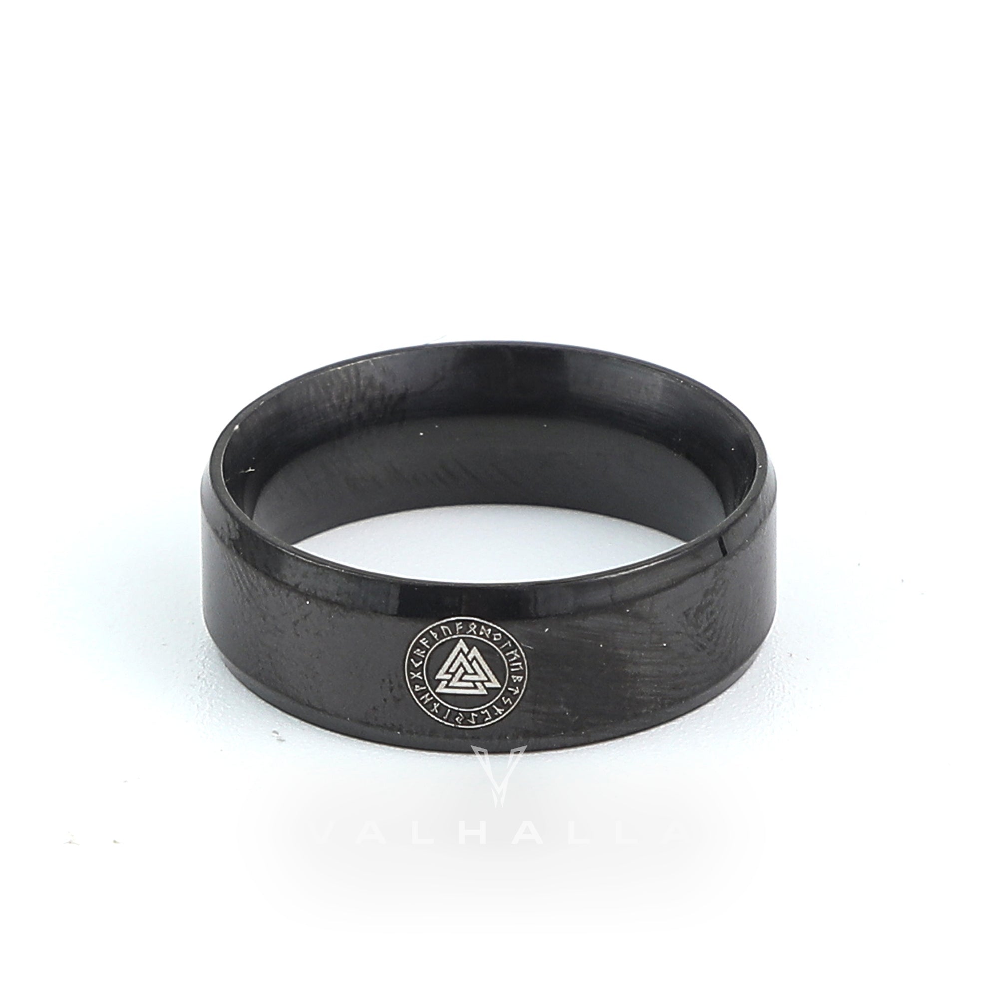 Black Handcrafted Stainless Steel Valknut and Rune Ring