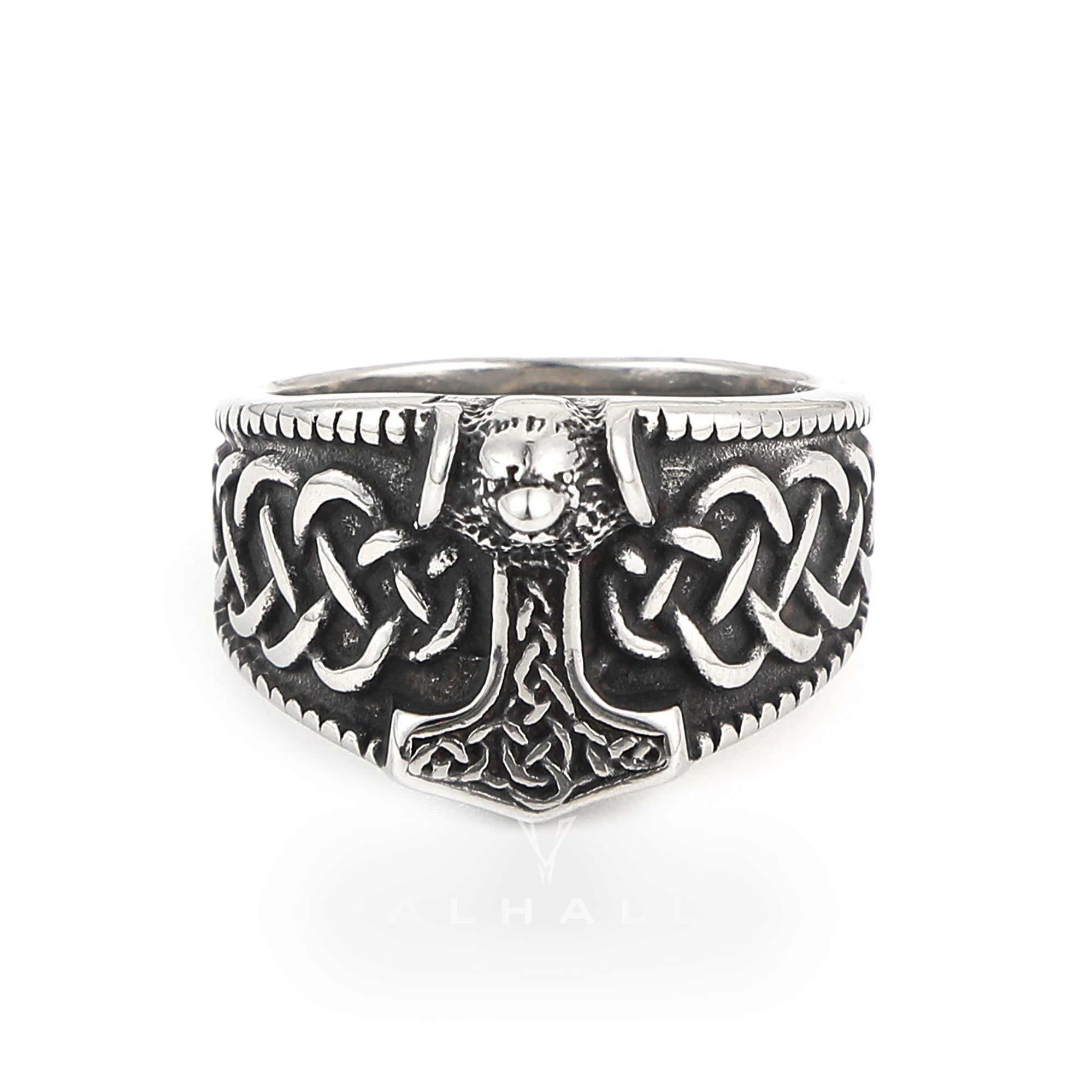 Handcrafted Stainless Steel Thor's Hammer and Celtic Knotwork Ring