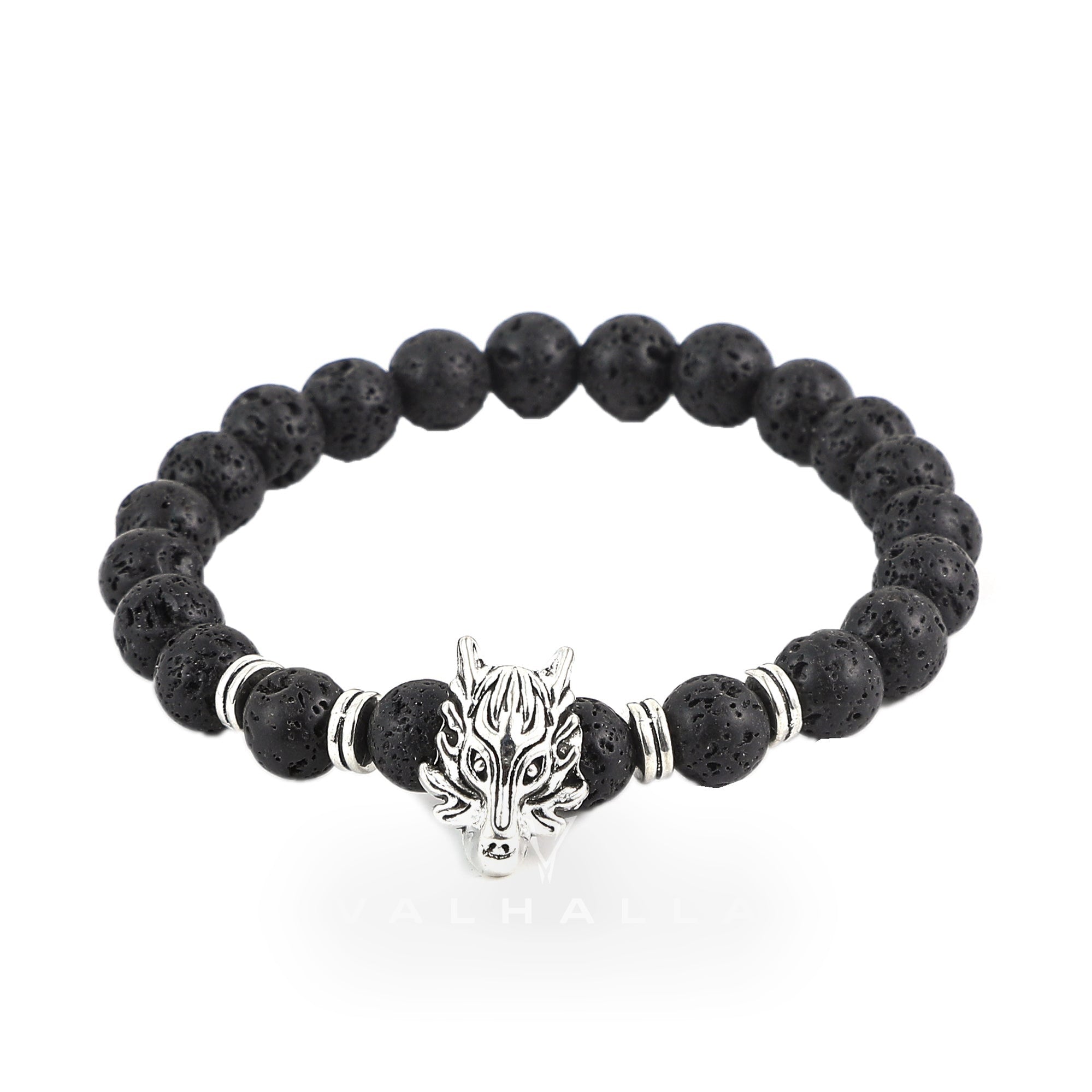 Wolf Head and Lava Stone Bracelet Stainless Steel