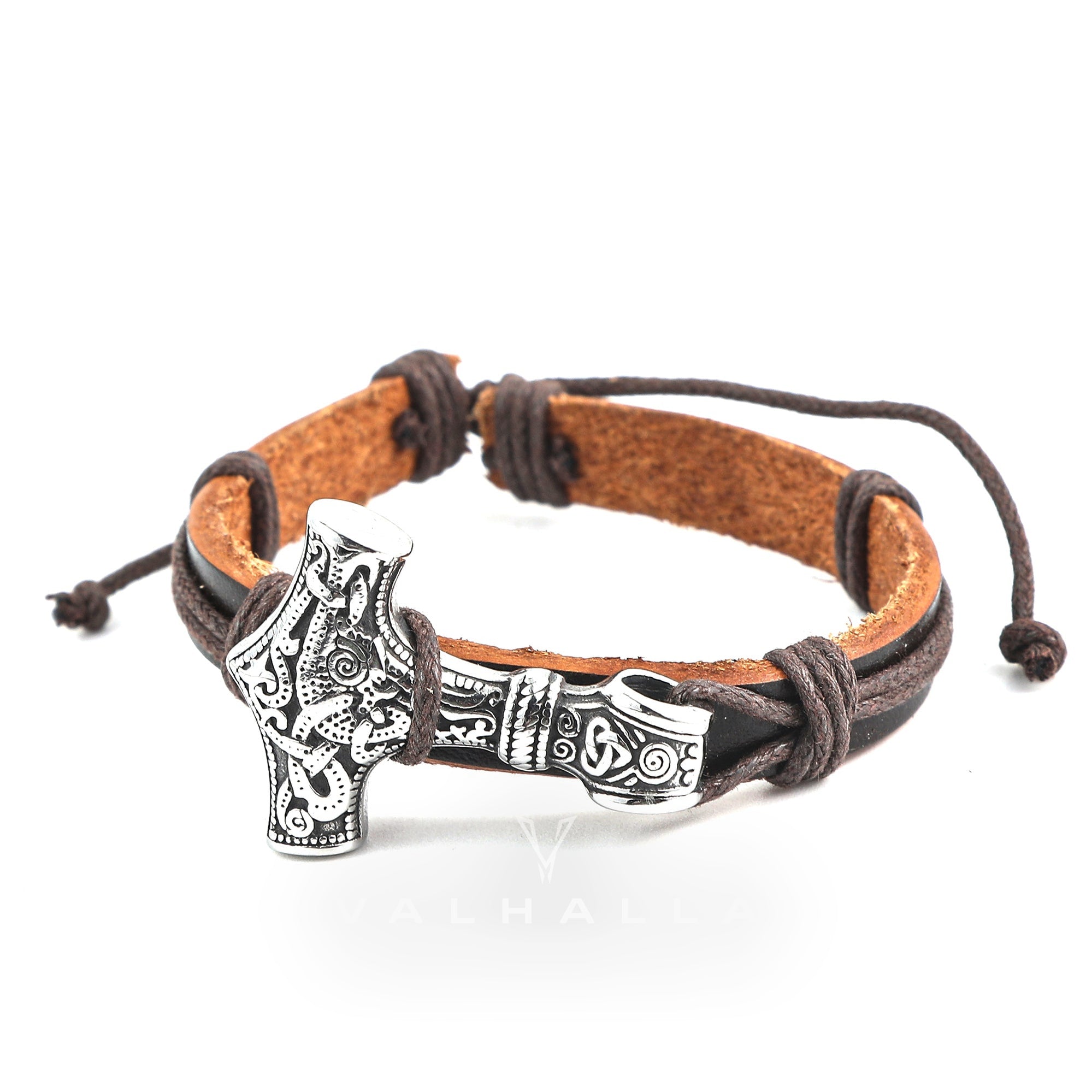 Adjustable Leather Wristband With Handcrafted Stainless Steel Mjolnir