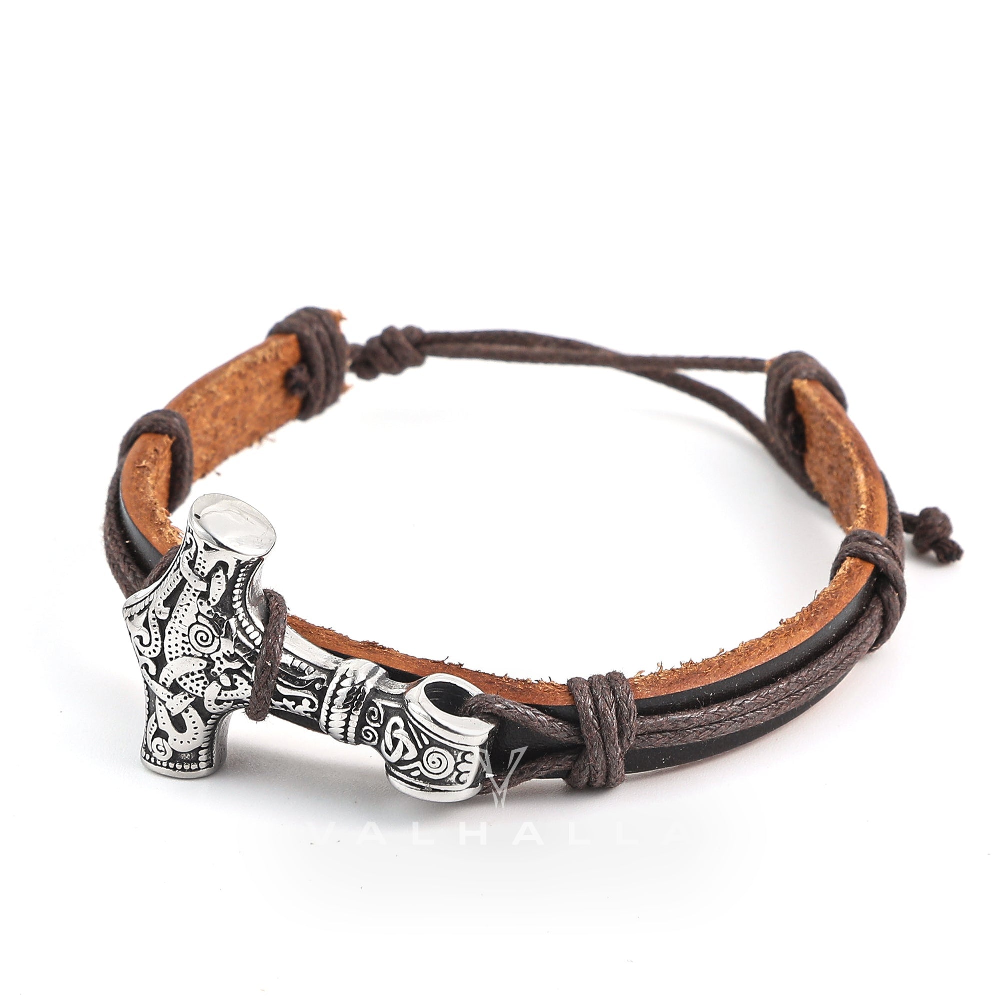 Adjustable Leather Wristband With Handcrafted Stainless Steel Mjolnir