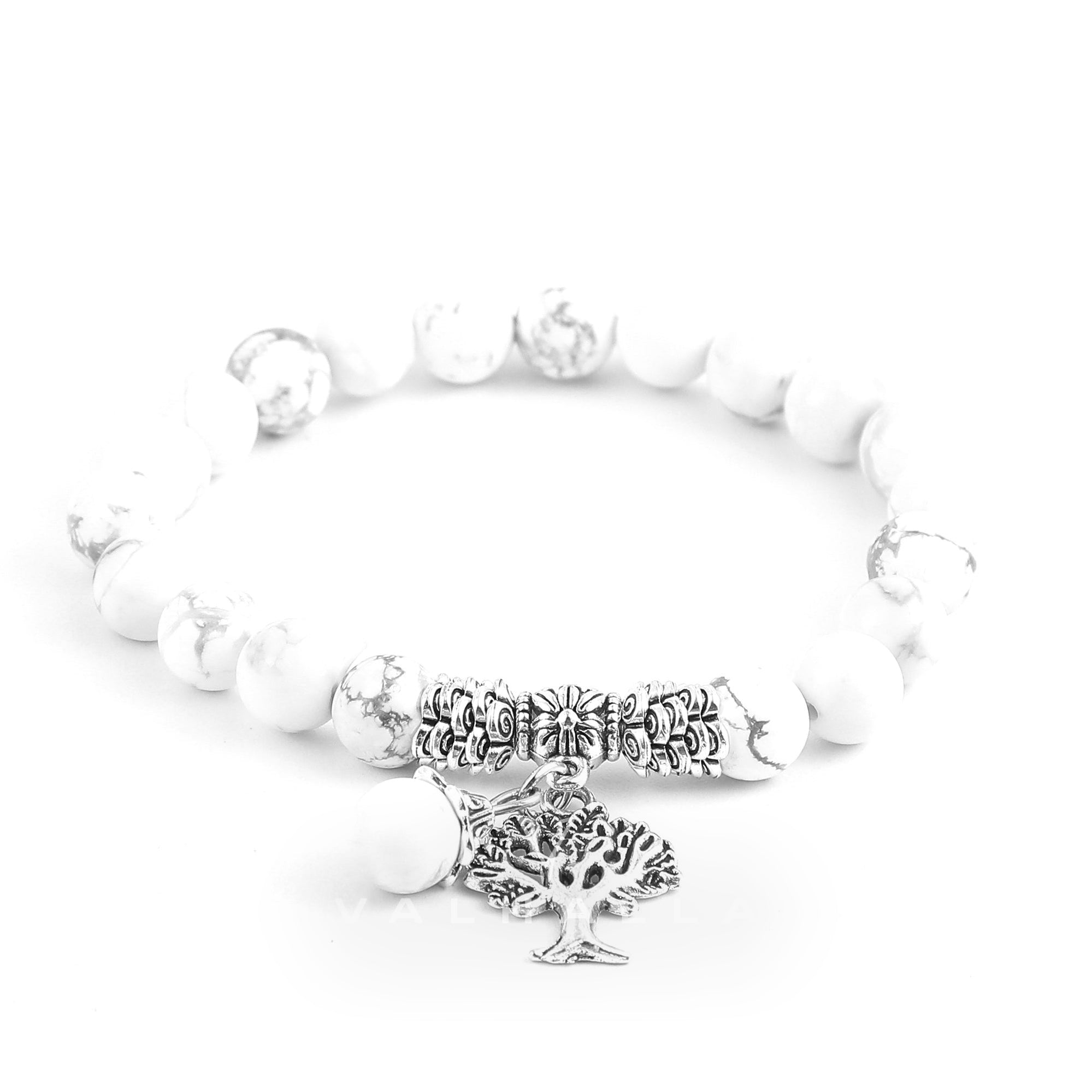 White Howlite Gemstone Bracelet with Tree of Life Charm Stainless Steel