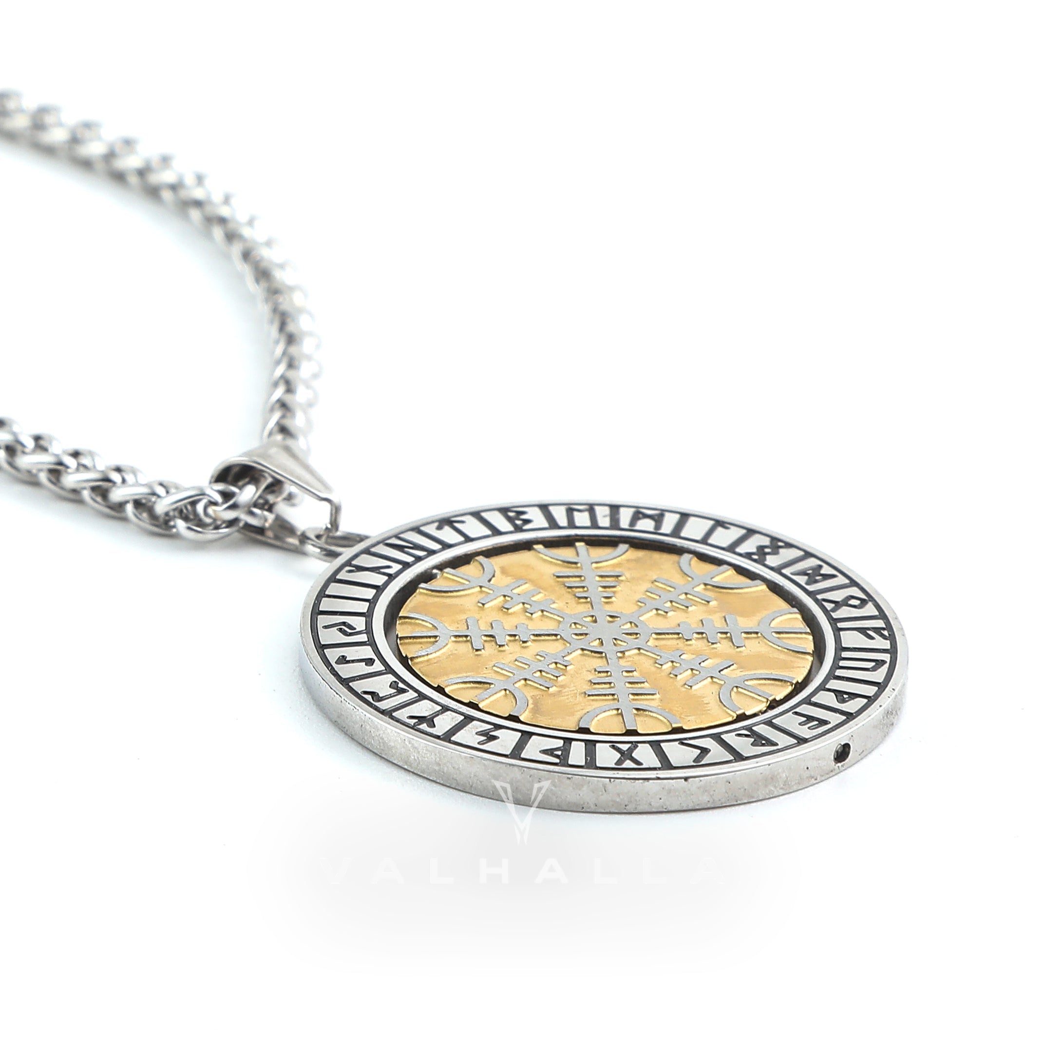Dual Color Handcrafted Stainless Steel Reversible Helm of Awe/Vegvisir Pendant & Chain