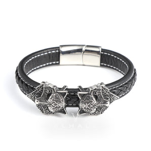 Nordic Wolf Stainless Steel Leather Viking Bracelet