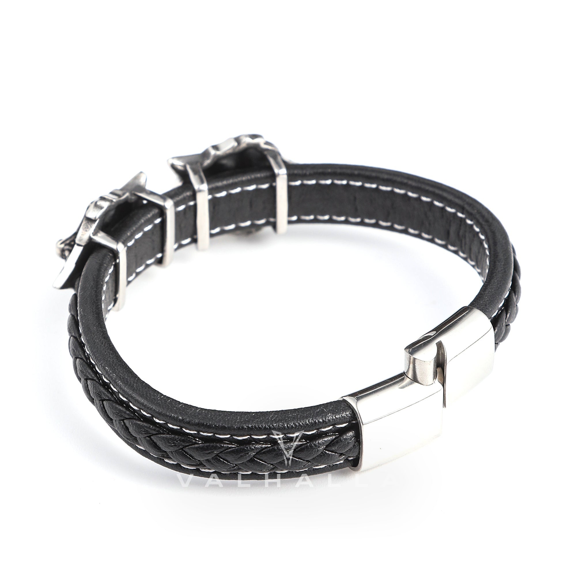 Nordic Wolf Stainless Steel Leather Viking Bracelet