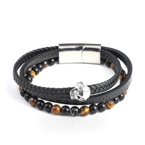 Punk Tiger Eye Skull Leather Bead Bracelet Stainless Steel