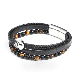 Punk Tiger Eye Skull Leather Bead Bracelet Stainless Steel