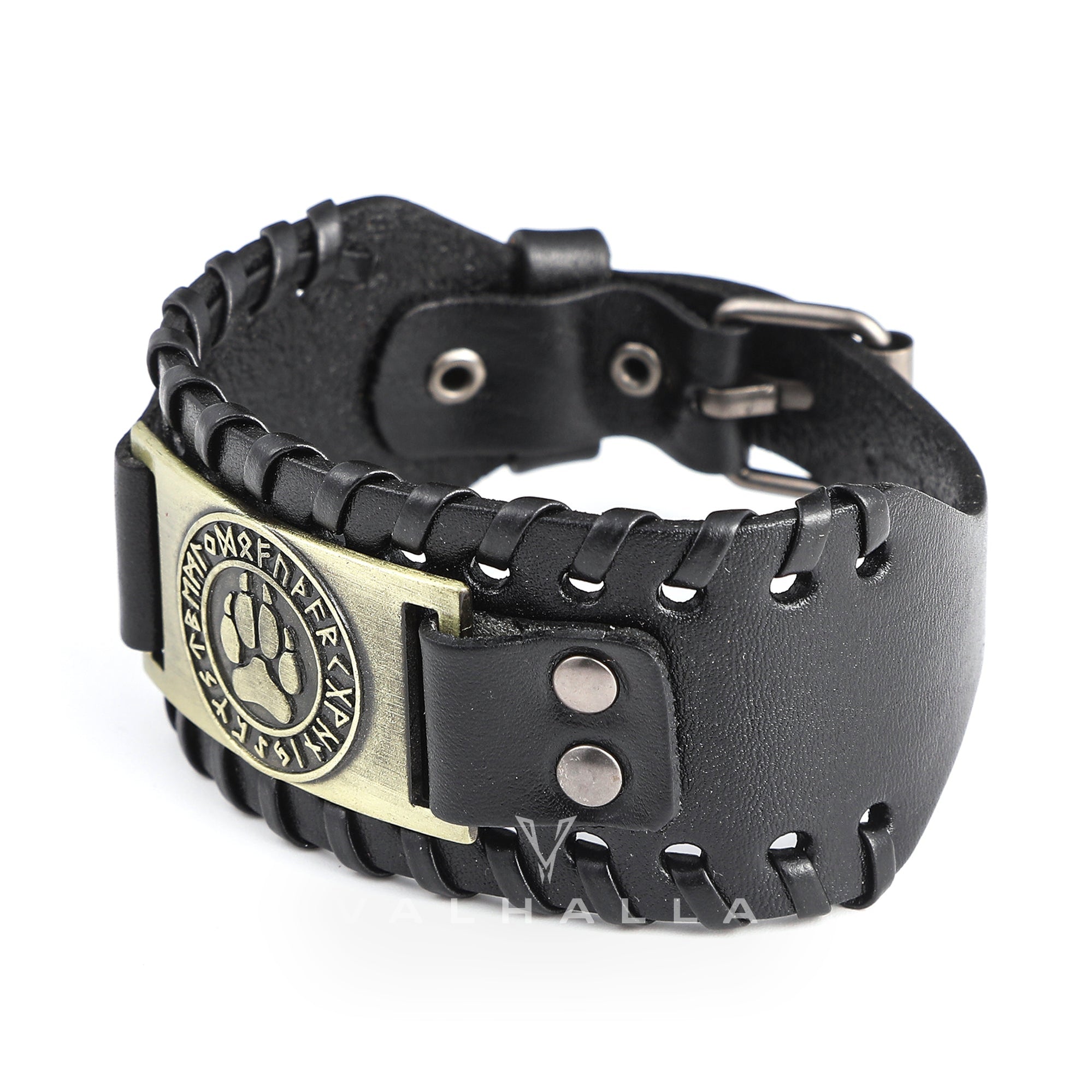 Nordic Wolf Paw Runes Leather Viking Bracelet
