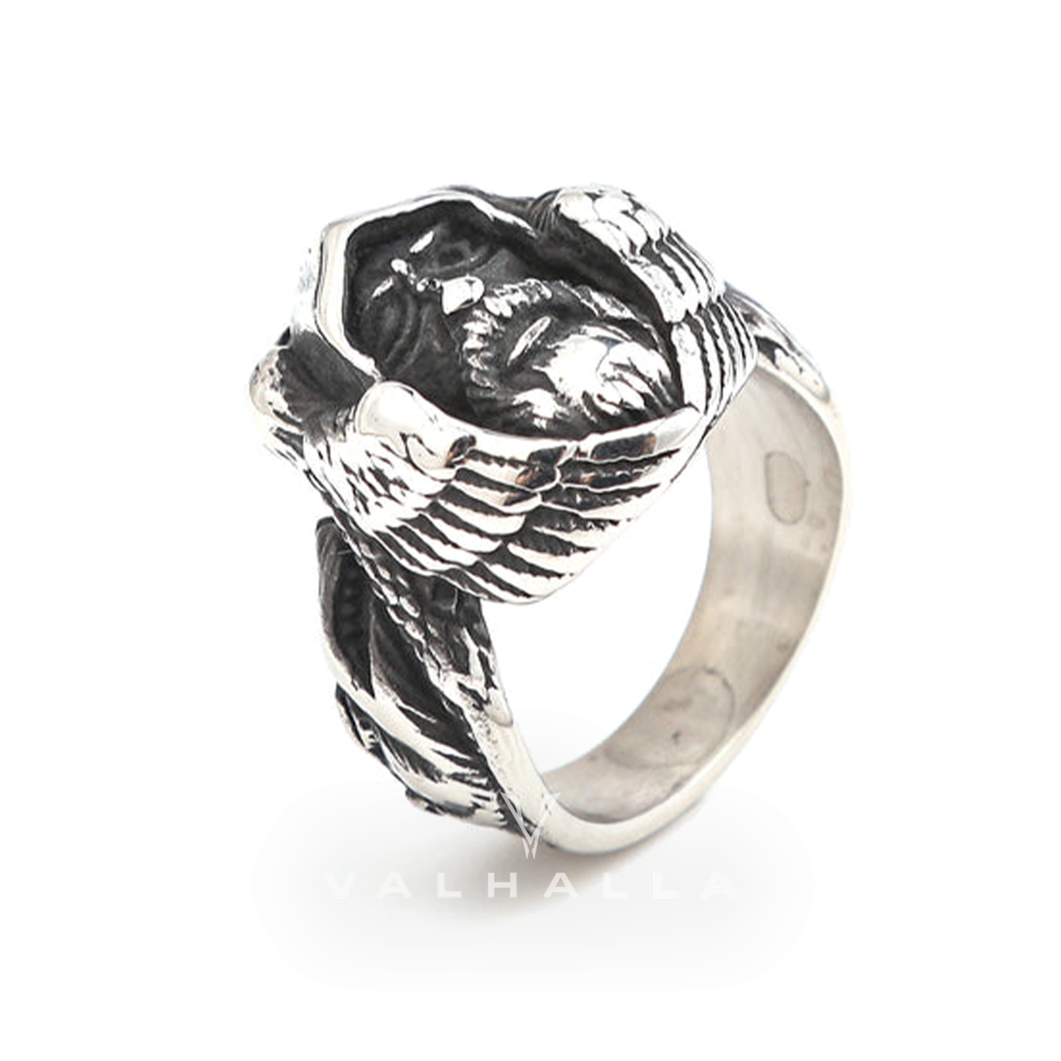 Handcrafted Stainless Steel Viking Odin Ring With Raven and Wolf