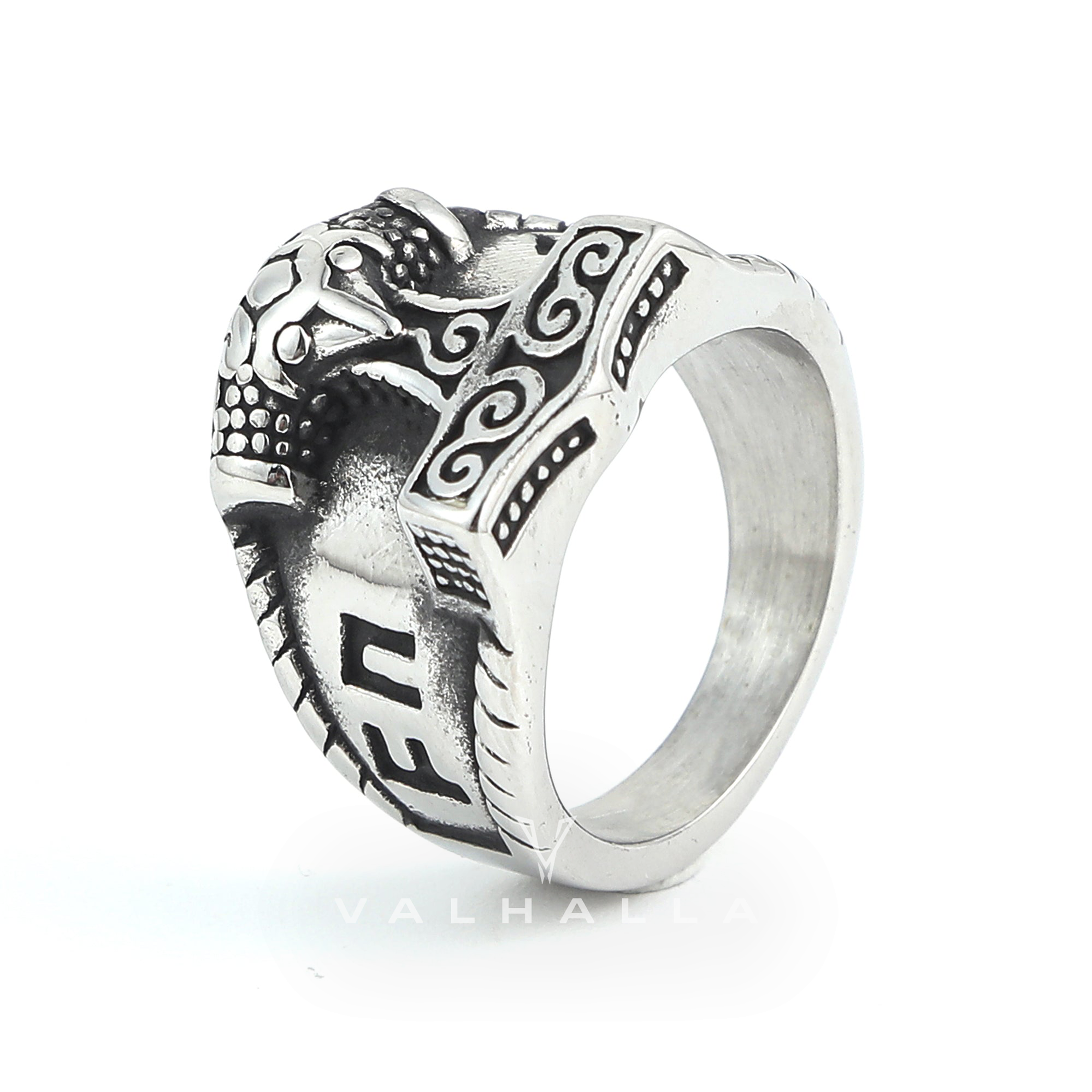 Handcrafted Stainless Steel Thor's Hammer and Rune Ring