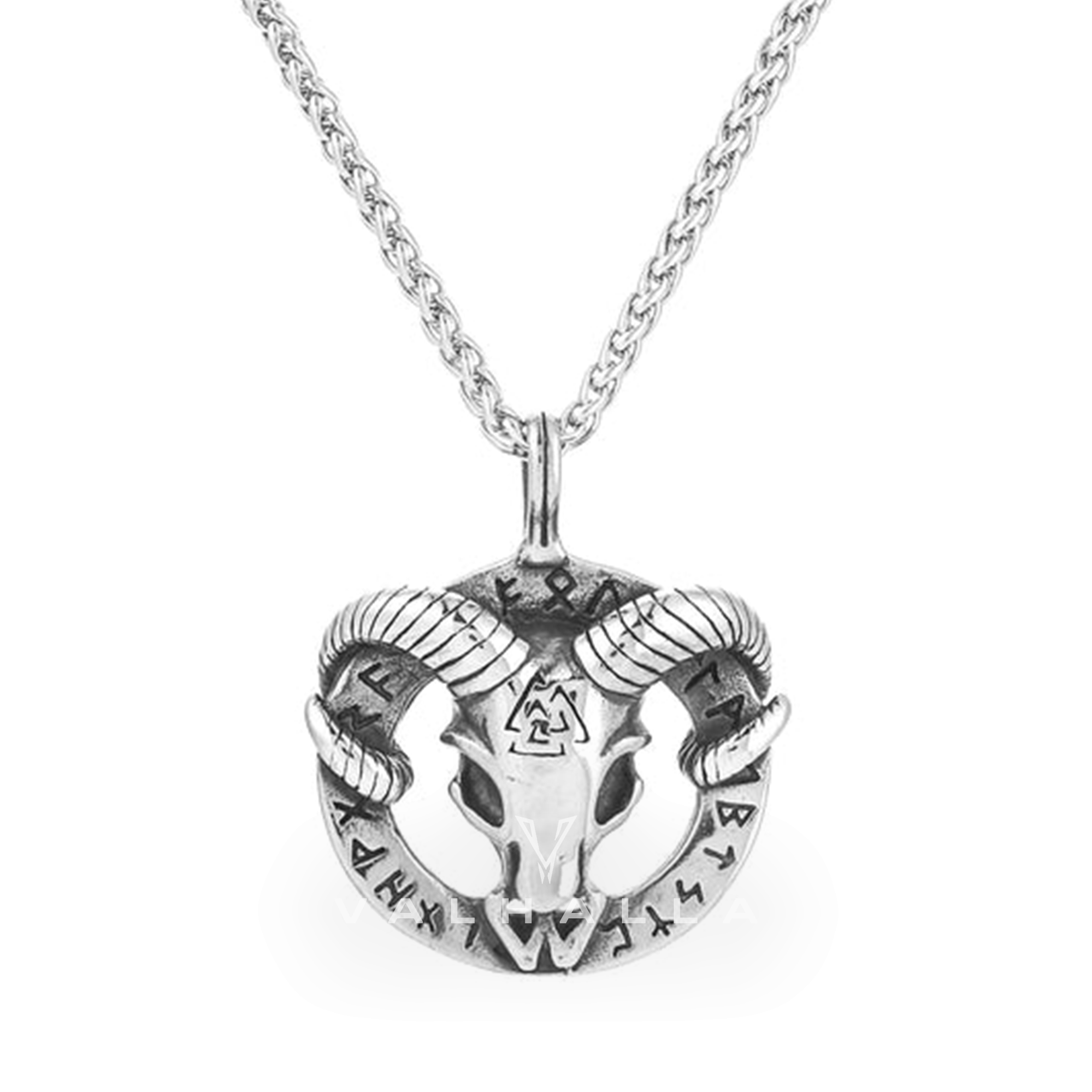 Handcrafted Stainless Steel Goat Head Necklace with Valknut and Runes