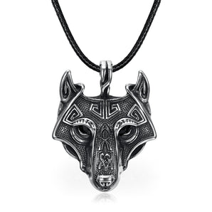 Norse Wolf Head Necklace - Leather Chain Stainless Steel